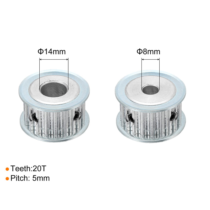 MECCANIXITY Aluminum 8mm and 14mm Bore 20 Teeth 5mm Pitch Timing Belt Pulley for 15mm Belt, Pack of 2