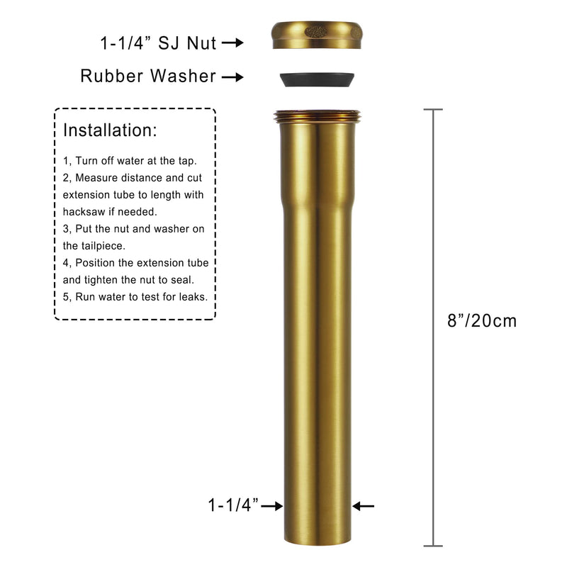 18 Gauge Brass Slip Joint Extension Tube 1-1/4” OD x 8” with Nut and Rubber Washer, P Trap Extension Tube, Sink Drain Tailpiece Tube Extension Heavy Duty, Brushed Brass Gold