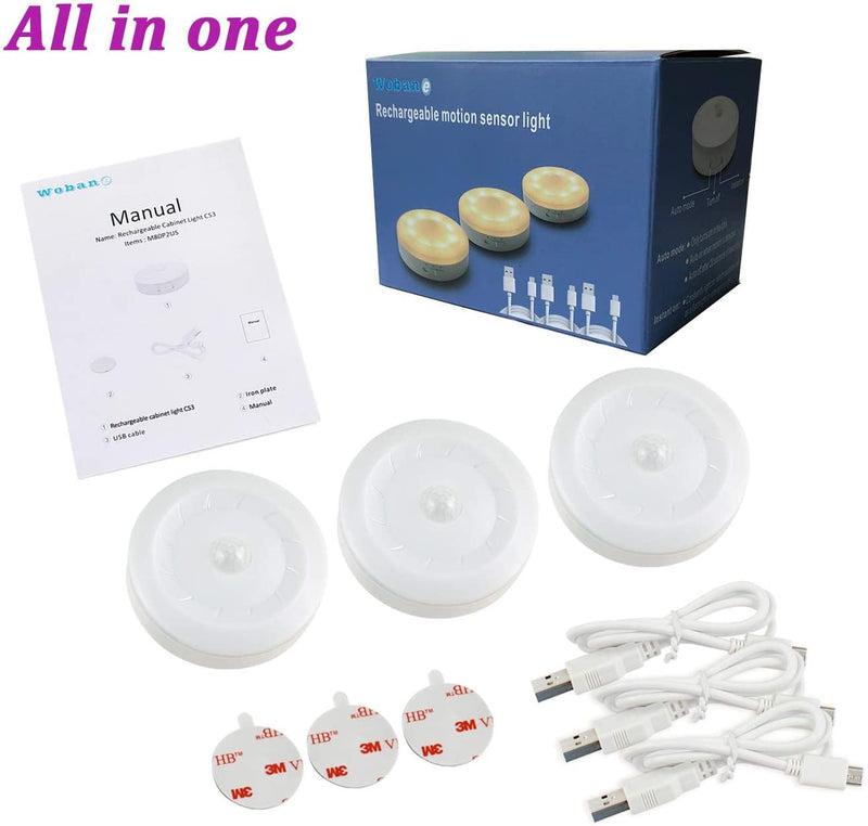Rechargeable Motion Sensor Light 1000mAH LED Puck Lights, Stick Anywhere Light, Cordless Closet Light, Automatic Under Cabinet Lighting for Counter,Pantry,Wardrobe,Hallway,Stairs,Warm White 3 Pack Warm White