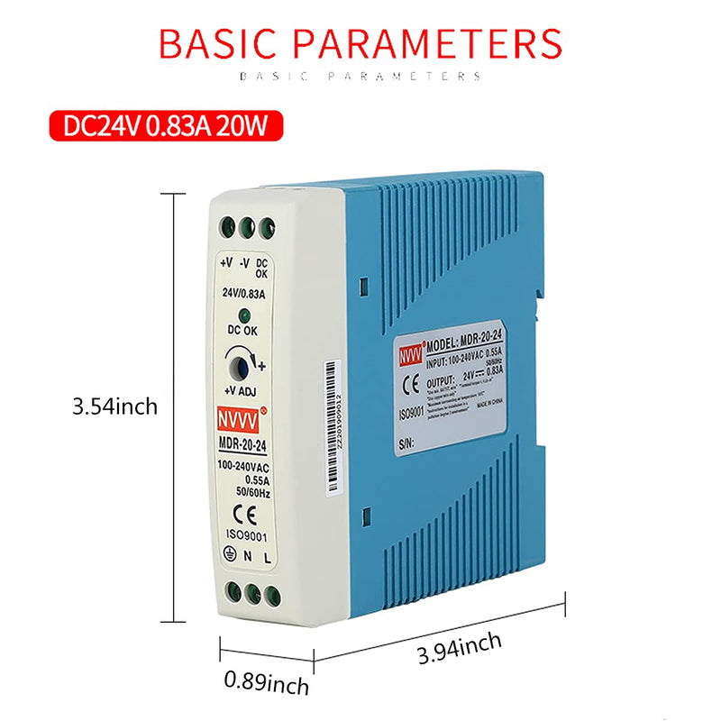 MDR-20-24 AC to DC DIN-Rail Power Supply, 24V, 1 Amp, 24W, 1.5"