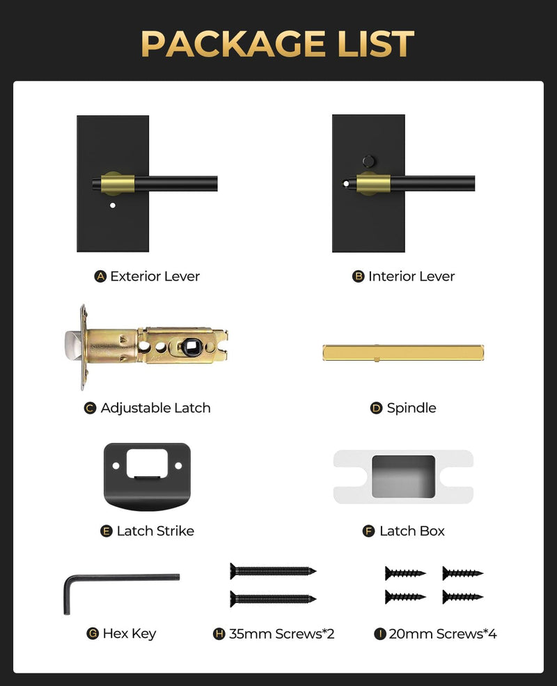 Black and Gold Door Handles Interior with Lock, Zinc Alloy Rectangular Modern Privacy Lever Door Knobs Interior for Bathroom Bedroom, Left or Right-Handed,1 Pack 1