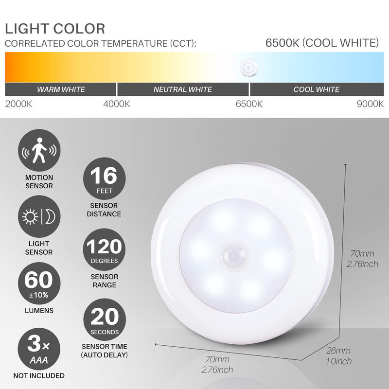 STAR-SPANGLED 3 Pack 2.8” Motion Sensor Lights Indoor AAA Battery Operated, Stick on LED Puck Light for Stairs, Under Cabinet, Closet, Cool White 2.8 inch, AAA Battery Operated
