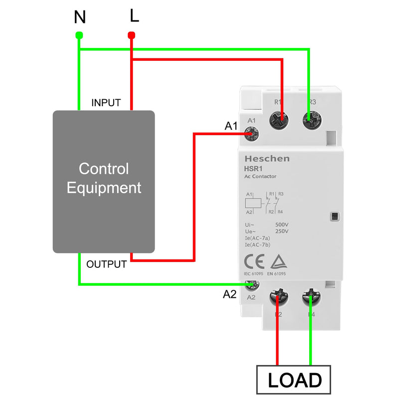 Heschen Household AC Contactor HSR1-63 2 Pole Two Normally Closed 220V/230V Coil Voltage 35mm DIN Rail Mount