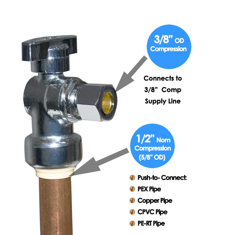 HQMPC Push Fit Angle Stop Valve 1/2" Push-fit x 3/8" OD Compression No Pb Brass Angle Stop Valve Shut Off Valve Angel Stop Valve Compression And Pex Connect (2 Pack) 2 ANGLE 1/2"x3/8"