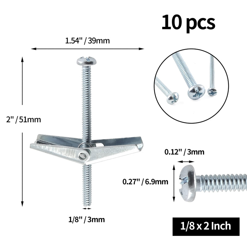10Pcs 1/8 x 2 Inch Round Head Toggle Bolt and Wing Nut, Metal Toggle Bolts Heavy Duty Wall Anchor Bolts Molly Screws for Drywall Wood Hanging Item 1/8 x 2 Inch(10Pcs)