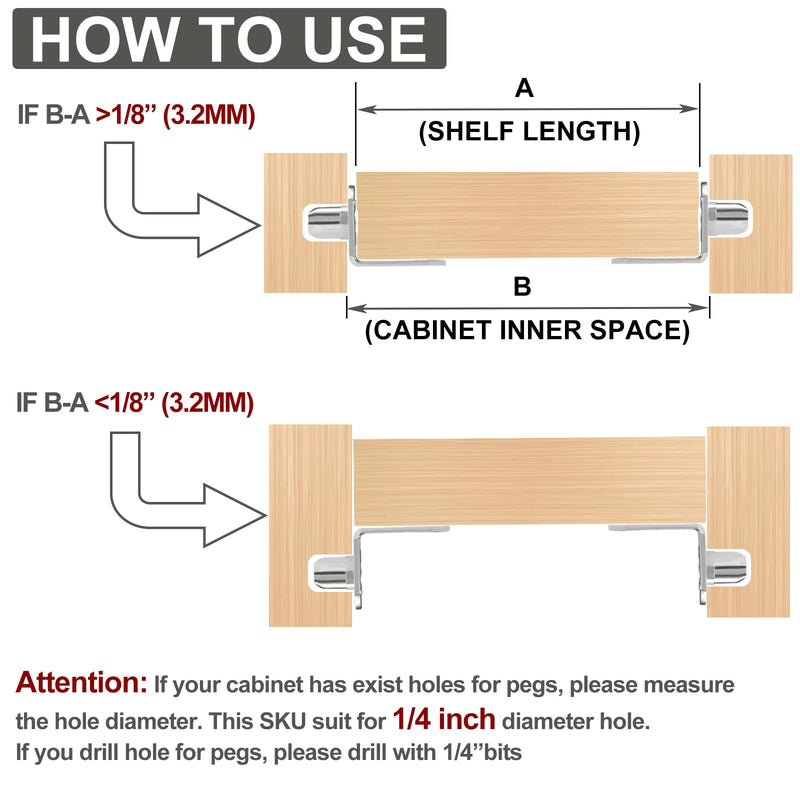 1/4 Inch (6.35mm) Shelf Pins L-Shaped Metal Support Pegs Bracket-Style Clips for Bookshelf Kitchen Cabinet Cupboard Shelves Holders, 20 PCS Nickel Plated Silver 1/4 inch ( 6.35mm )