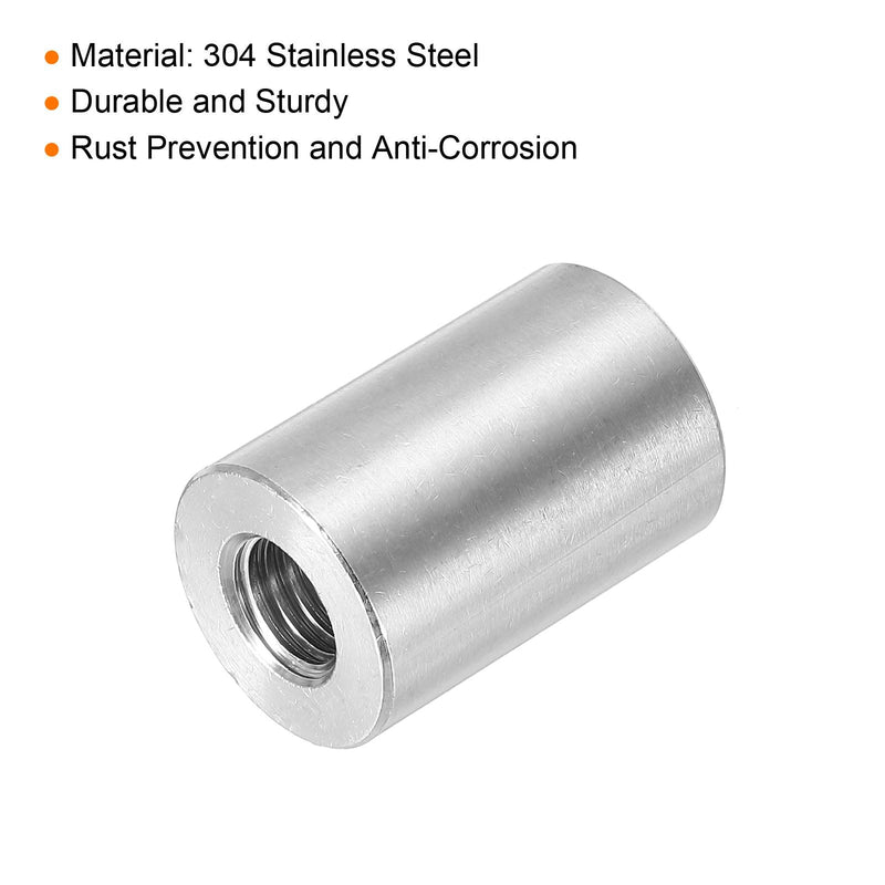 uxcell 4Pcs M10 Round Connector Nuts, 304 Stainless Steel Coupling Nut 30mm/1.18" Length Sleeve Rod Bar Stud Nut for Bracket, M10x30x20mm 4