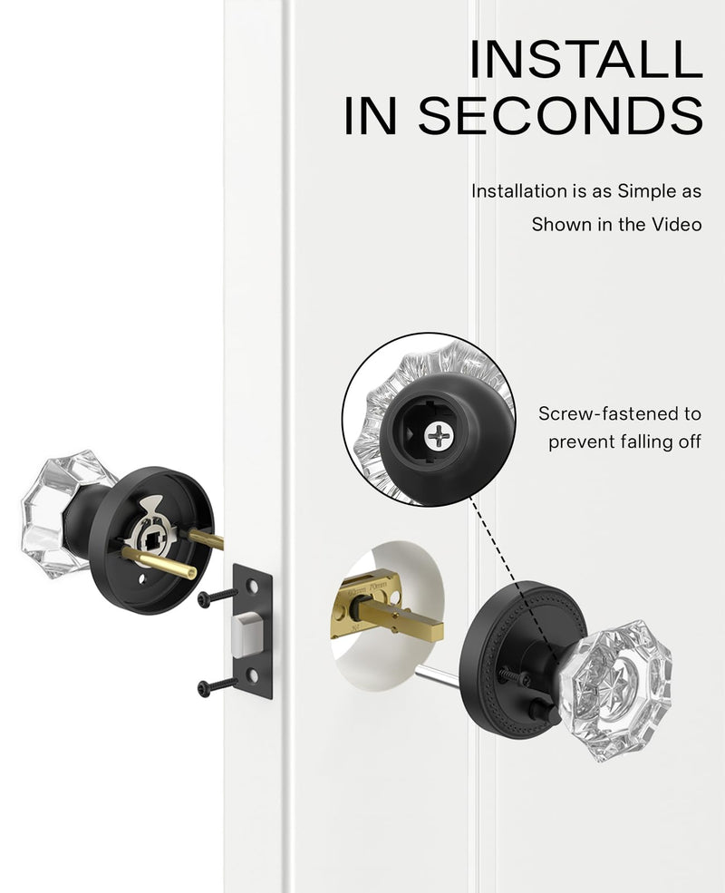 Asidrama 1 Pack Privacy Black Crystal Door Knob with Lock, Matte Black Glass Door Knobs Interior for Bedroom or Bathroom, Heavy Duty for Left Right Sided Doors 1pack