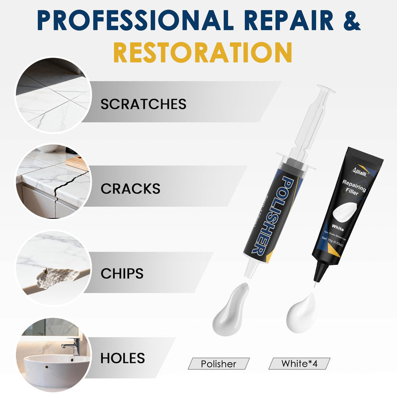 Quartz Countertop Repair Kit, Fiberglass Tub & Tile Repair Kit with 4x15g White Filler, 30s Fast Repair Chip, Hole, Scratch, Crack on Porcelain, Granite, Marble, Ceramic Tile, Bath Tub, Sink