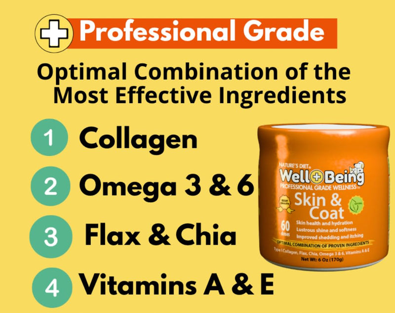Nature’s Diet Well+Being Skin & Coat Supplement for Dogs & Cats – Collagen, Omega 3 & 6, Flax & Chia – Supports Healthy Skin, Shiny Coat & Reduced Shedding – 60 Doses (6 oz)