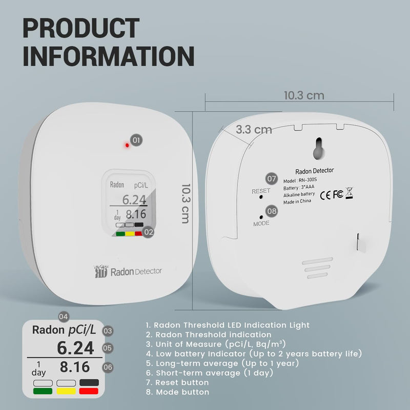 Radon Detector for Home, Office, Workplace, Hello Radon S, E-Ink Display, Alpha Spectrometer Sensor, 2-Year Battery Life, Wall Mounted & Free Standing, PCi/L & Bq/m³ Units Switchable