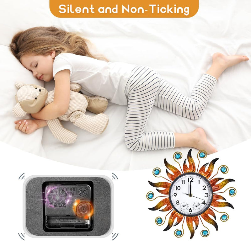 Sun Outdoor Clock with Thermometer and Hygrometer Combo, Silent No-Ticking Outdoor Wall Clock, Waterproof Quartz Clock for Patio, Living Room, Kitchen, Garden, 13 Inch Orange-sun