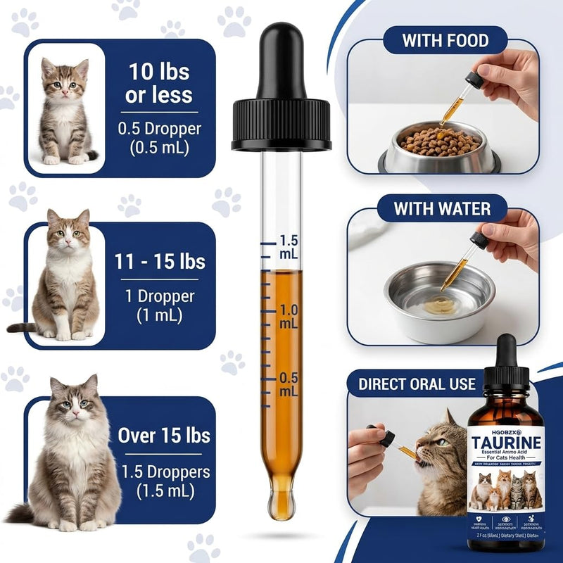 Taurine Supplement for Cats Liquid Drops – Daily Heart & Vision Wellness Support for Indoor Cats, Senior Cats & Picky Eaters – Easy-to-Mix Taurine Formula – 60 mL
