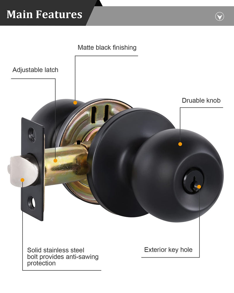 Lanwandeng Matte Black Door Knobs with Lock and Keys, Interior/Exterior Door Knob for Bedroom or Bathroom, Entry Door Lock 1 Pack Entry with Keys