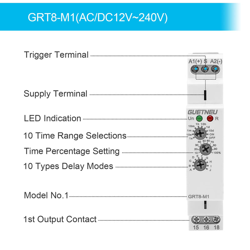 Relay 12V, Timer Relay Delay Off Trigger, Off Delay Timer with 10 Function Choices, Wide Voltage Multifunctional Relays for Electric Appliances, XS-SJ-M1-AC/DC12V~240V, 35mm DIN Rail Mounting XS-SJ-M1-AC/DC