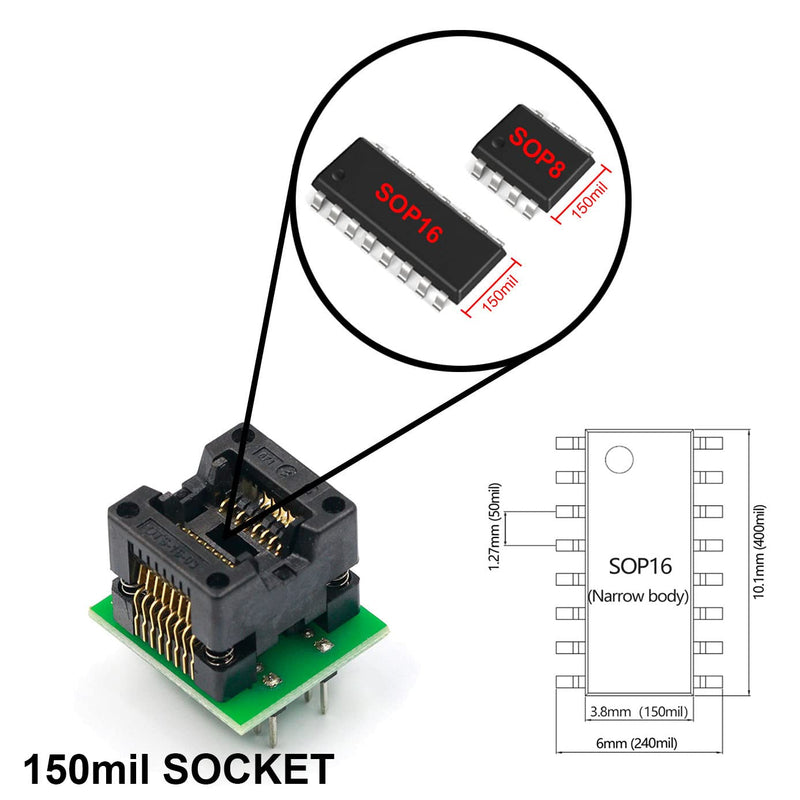 SOP8 to DIP8,SOP16 to DIP16 IC Programmer Socket Converter Adapter Module 2PCS(SOP8 200mil+SOP16 150mil) Wide Body Narrow Body