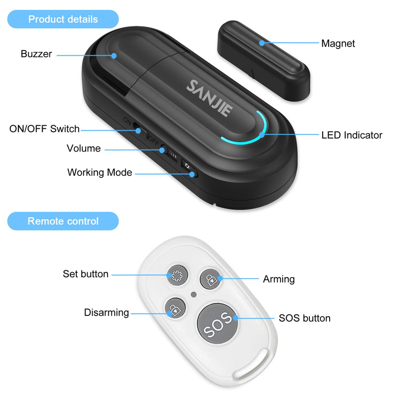 Pool Door Alarms for Home Security Loud, 0-120 Db Volume Ajustable with 4 Modes, Wireless Door Alarm with Remote for Kids Safety/Dementia Patients/Home/Pool (2 Sensor & 1 Remote) 1 Remote & 2 Sensor