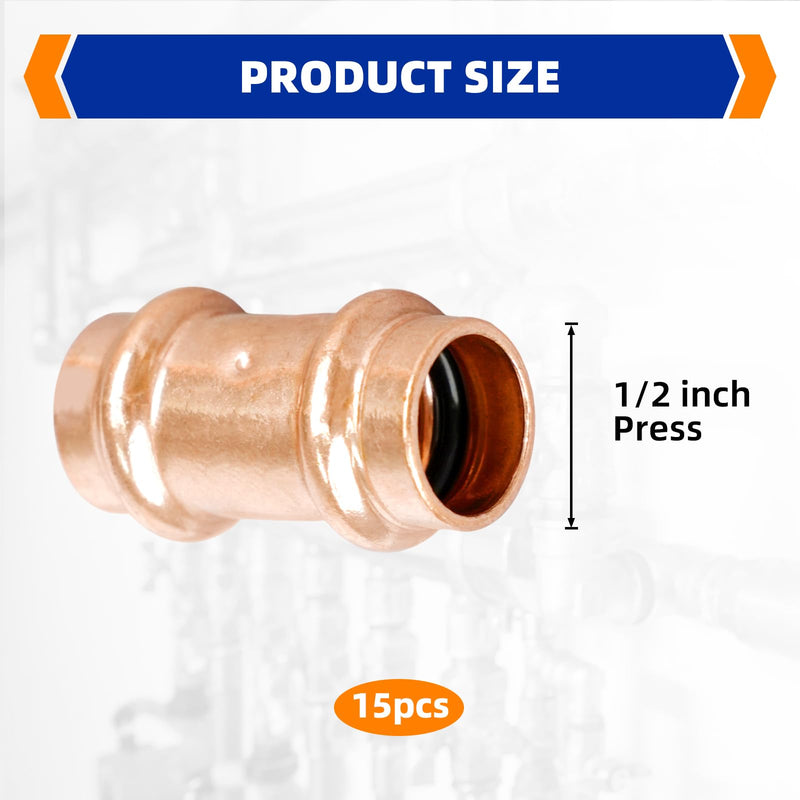 (Znkiok 15 Pack)1/2" Press Copper Fittings Zero Lead,1/2 Inch Press Coupling With Stop For Copper Tube Connection,UPC,NSF/ANSI61 Certified. 1/2"Press Coupling With Stop-15Pack