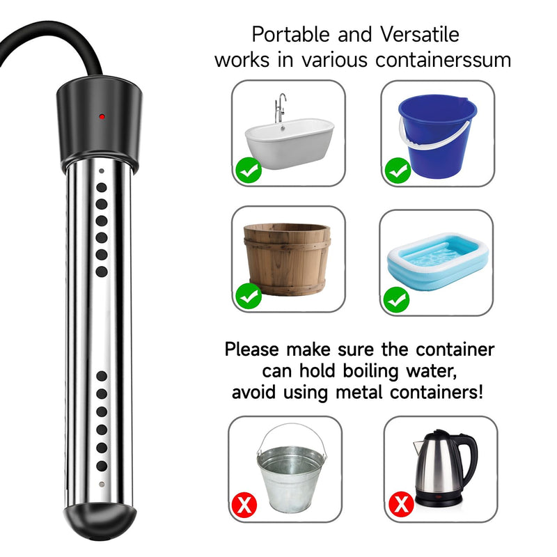 2000W Immersion Water Heater Camping Water Heater with Digital LCD Thermometer 304 Stainless Steel Guard Bucket Auto Power-Off Heater Water for Pool Bathtub Barrel Pot