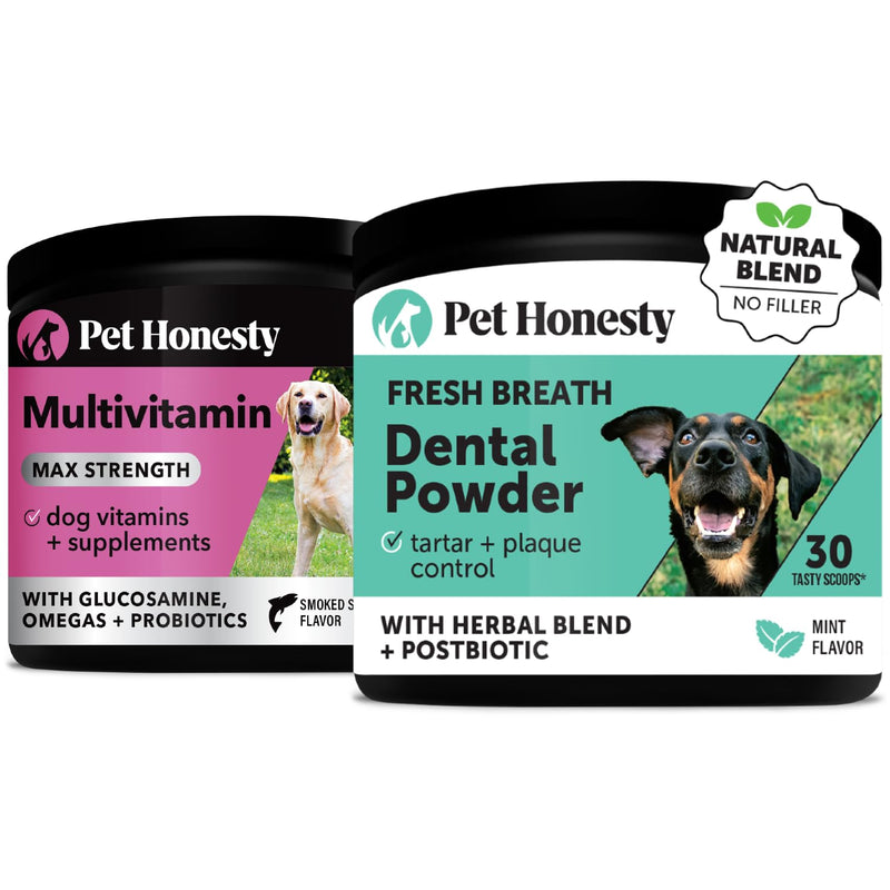 Dog Multivitamin Max Strength + Dental Powder Virtual Bundle for Teeth Cleaning & Plaque Removal, 15 in 1 Health Supplement for Skin, Coat, and Immune Support
