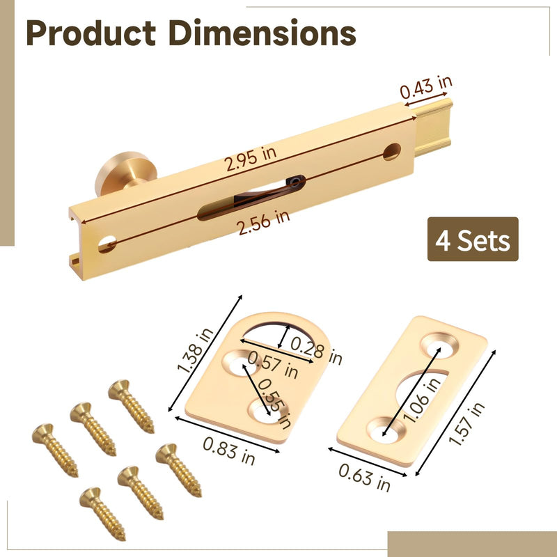 4 Sets Brass Surface Bolt, 3 in Brushed Brass Slide Bolt Lock with Screws, Sliding Door Latch Bolt for Cabinet Door, Closet, Bathroom, Bedroom, Barn Door, Home Security