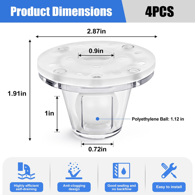 Self-Bailing 2-7/8 in. Scupper Valve Kit, Clear – One-Way Automatic Drain Valve for 3/4" to 1-1/2" Openings, Heavy Duty Marine Scupper Replacement with Mounting Hardware 4PCS