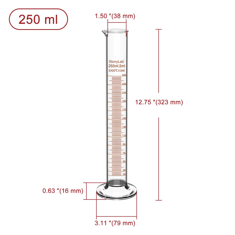 stonylab Graduated Measuring Cylinder, 3 Pack 250 ml Heavy Wall Borosilicate Glass Graduated Cylinder Laboratory Glassware