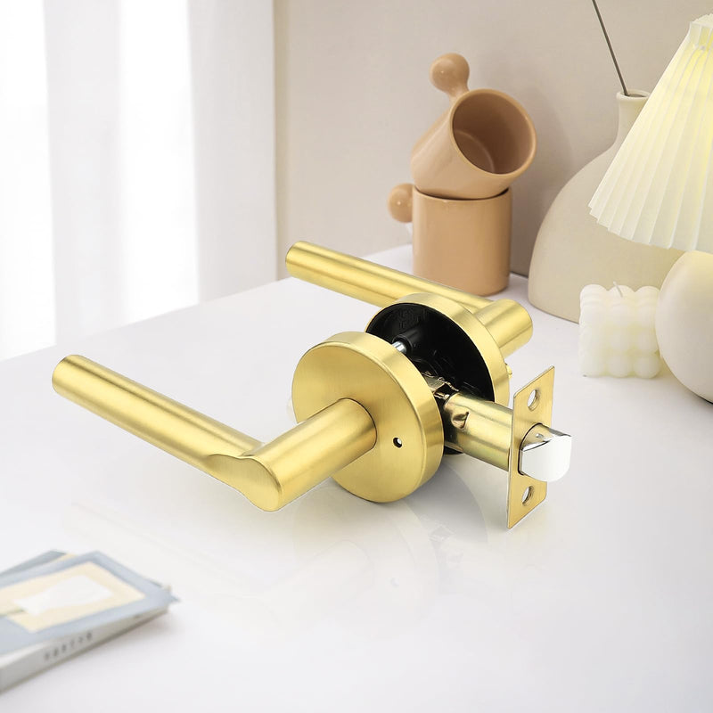 knobelite Gold Privacy Door Handles Interior Keyless Door Lever,Left & Right Hand use Door Lock for Bath and Bed,Modern Stainless Steel Privacy Door Lock,2Pack 2