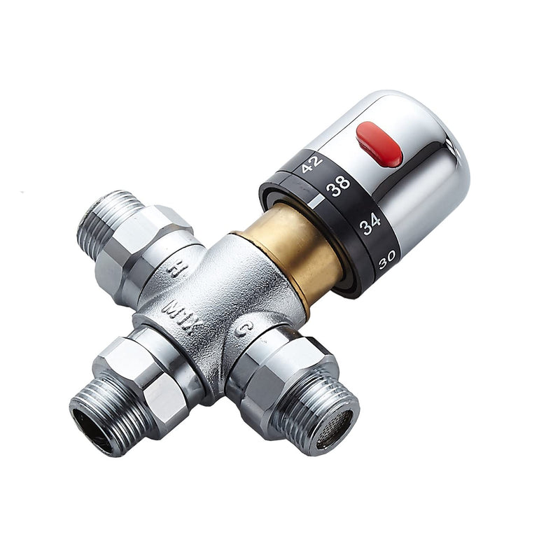 3 Way Thermostatic Water Mixing Valve DN15 Temperature Constant Control Hot and Cold G1/2 NPS Male Connections Anti Scald Temp Mixer Valves for Bathroom Under Sink Faucets Shower Bath Bidet (Chrome) Thermostatic valve