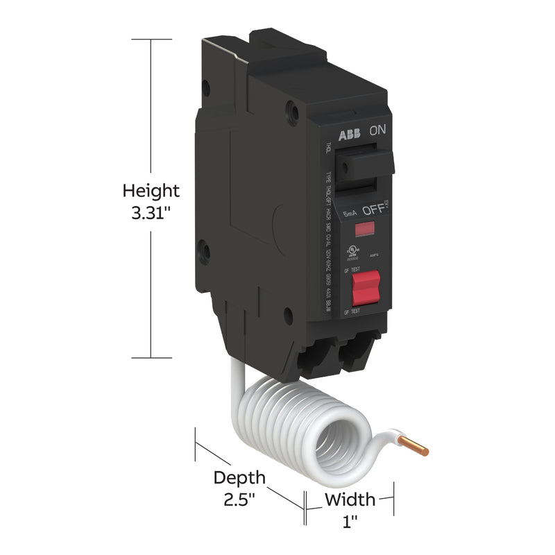 ABB Q-Line® THQL1120GFT Ground Fault Circuit Breaker • 20 Amp Single-Pole Breaker • GFCI Protection • 120/240 VAC • 10 kAIC Interrupt Rating • Plug-On Pigtail Breaker for Load Centers