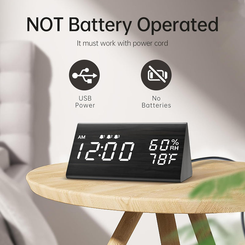 Digital Alarm Clock, with Wooden Electronic LED Time Display, 3 Alarm Settings, Humidity & Temperature Detect, Wood Made Electric Clocks for Bedroom, Bedside (Black) Black