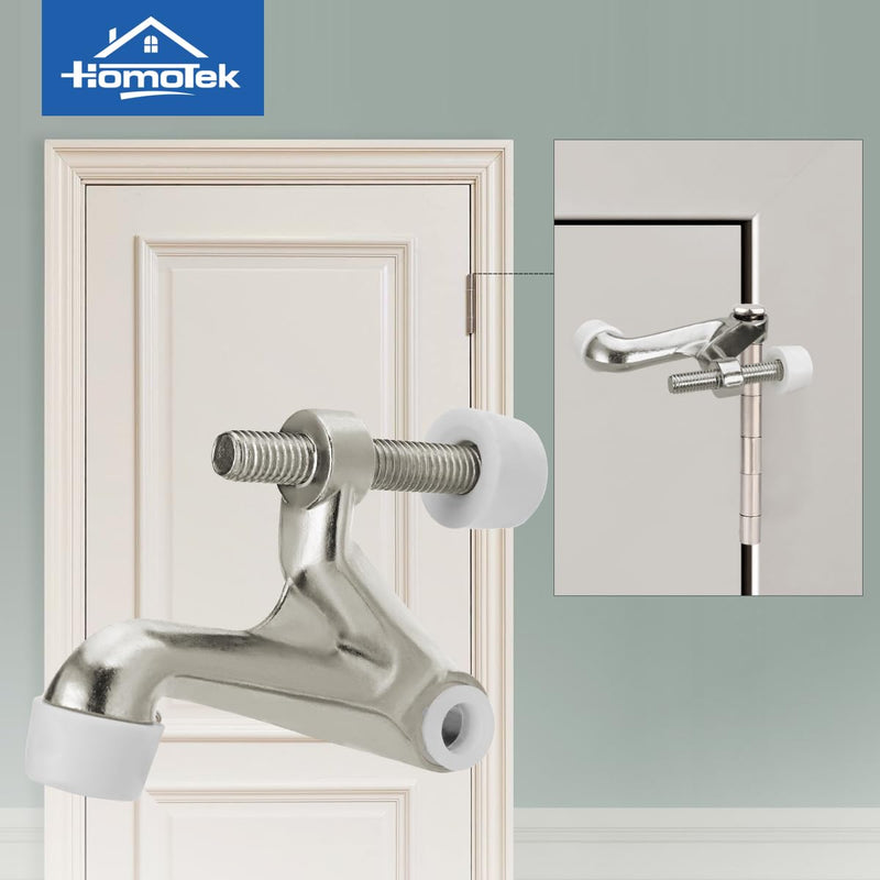 HOMOTEK 1 Pack Hinge Pin Door Stoppers, Hing Door Stops, Adjustable Deluxe Heavy Doorstops for Top of Door, Door Hinge Stoppers with White Rubber Bumper Tips,Satin Nickel Satin Nickel