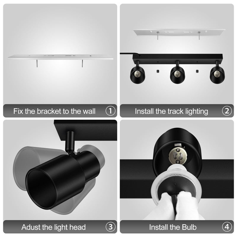 Plug-in Track Lighting LED, Track Light Fixtures Ceiling, Black 3-Light Track Lights for Kitchen, 3 Way Ceiling Spotlight, Rotatable Wall Mount Light Head for Bedroom Hallway, Bulb Not Included 3-Light Track Lighting(Black)