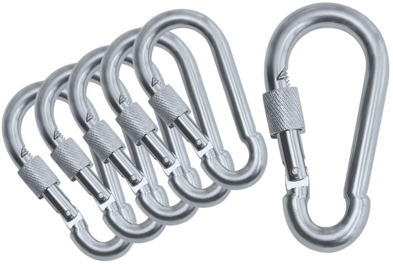 Black & Silver Heavy Duty Bushcraft Locking Thumb Screw Closure Zinc-Galvanized Steel Carabiner Spring Snap Clip Link Hooks 200-400lb Load. 6 & 12 Packs 5cm 6-Pack Silver