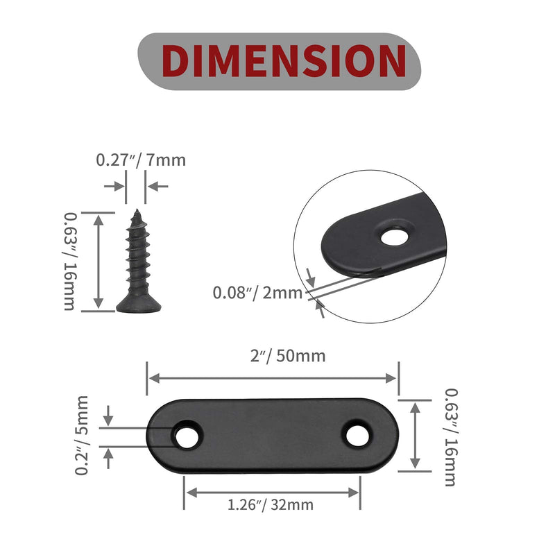 12 Pcs Straight Brace, Flat Brace 2” x 0.6”, Stainless Steel Straight Bracket, Mending Joining Plates for Wood, Board, Bed Frame, Furniture & Shelves, Matte Black Black, 2” x 0.6”, 12 pcs