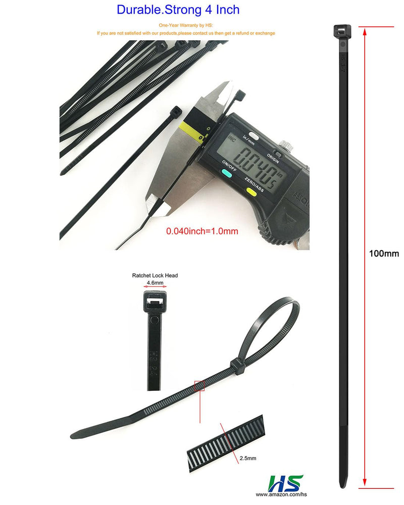 HS Durable Plastic Zip Ties 4 Inch (Bulk-1000 Pack) Small Tie Wraps Thin 18 Lbs Self-Locking Nylon Cable Ties for Electronics Organizer, Wire Zip Ties UV Rated Black Black 4"1000