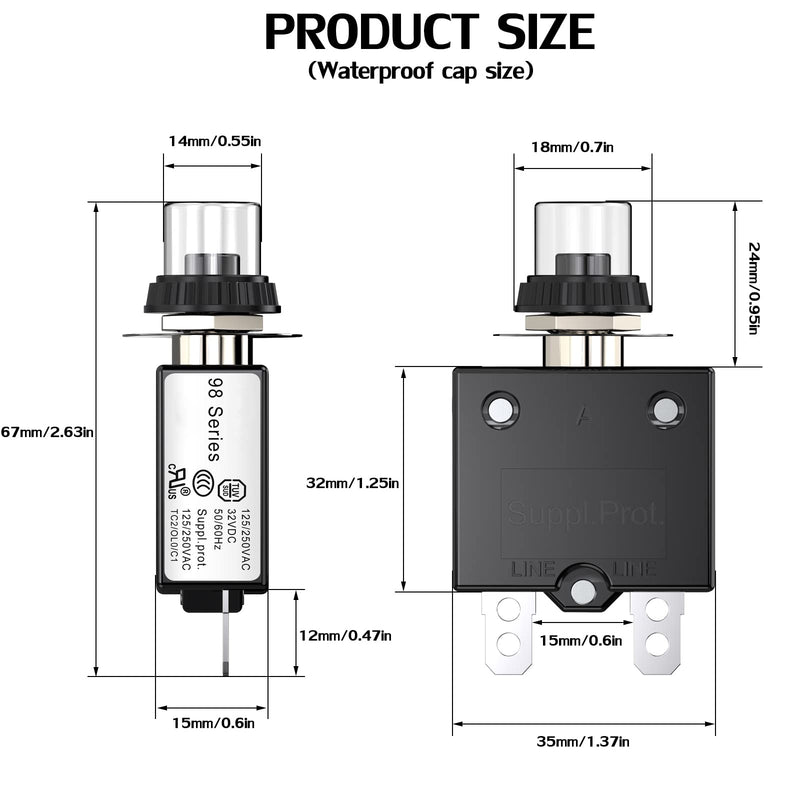 Thermal Circuit Breaker, DIYhz 40 Amp Push Button Manual Reset Circuit Breaker 32V DC 125/250VAC 50/60Hz with Quick Connect Terminals & Waterproof Button Transparent Cap 2Pcs 40A