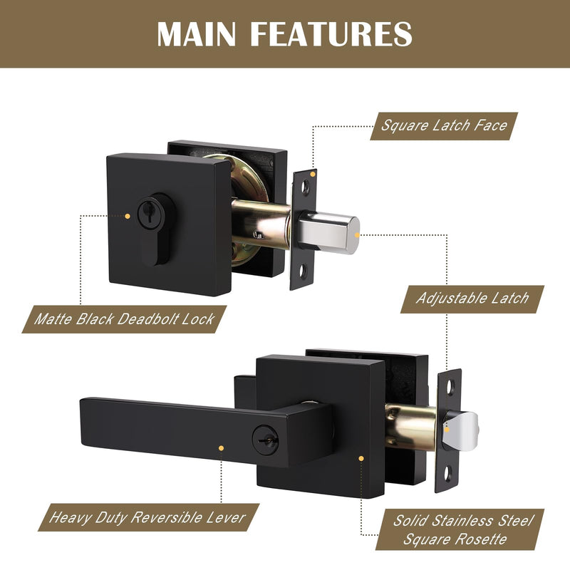 1 Pack Keyed Entry Door Lever and Single Cylinder Deadbolt Set, Keyed Alike Reversible Lockset, Matte Black Square Interior/Exterior Handleset for Bedroom, Front Door 1 Pack Modern Mattte Black
