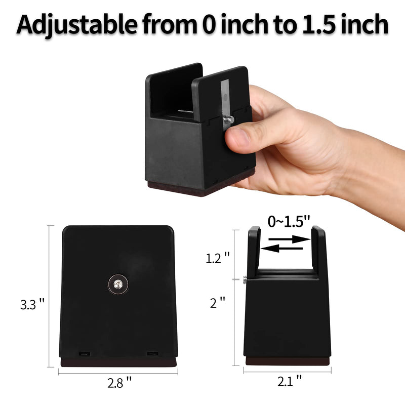 Bed Risers with Adjustable Screw Clamp, Fits Furniture Frame from 0 to 1.5 Inch, Furniture Risers 2 Inch Heavy Duty Risers for Square Round Straight Furniture Legs Support up to 5000Ibs (4Pack, Black) 2'', Fits Furniture Frame Below 1.5"
