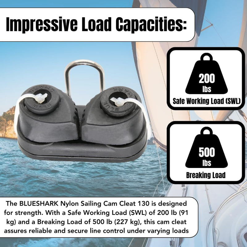 BLUESHARK Nylon Sailing Cam Cleat 130 for Line Sizes 1/8” in to 3/8” in (3-10mm) | 200 lb Safe Working Load 500 lb Breaking Load | Premium Quality 1 Pack