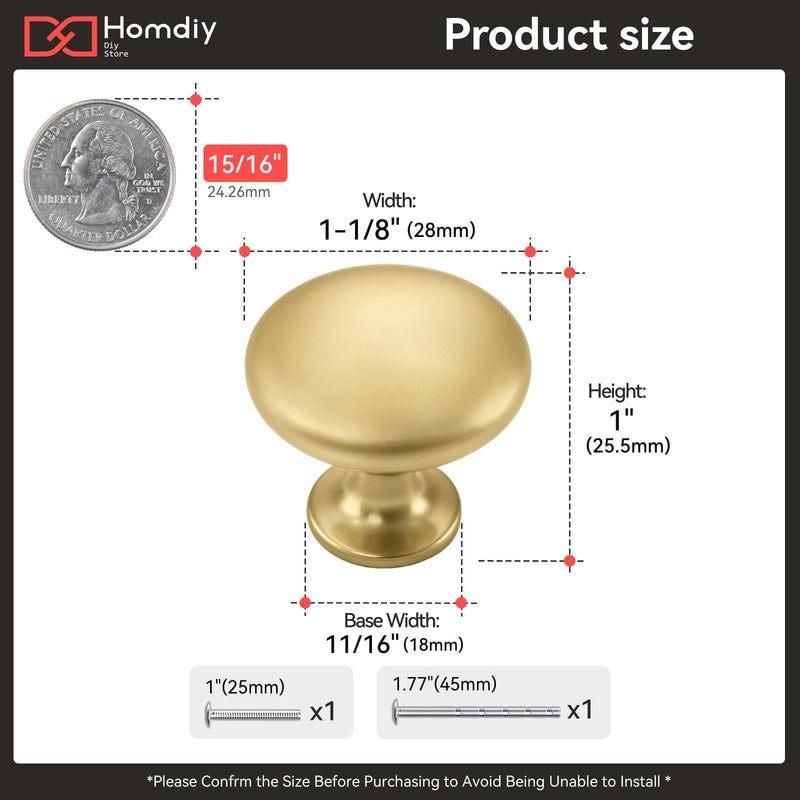 homdiy 50 Pack Gold Round Solid Zinc Alloy Cabinet Knobs