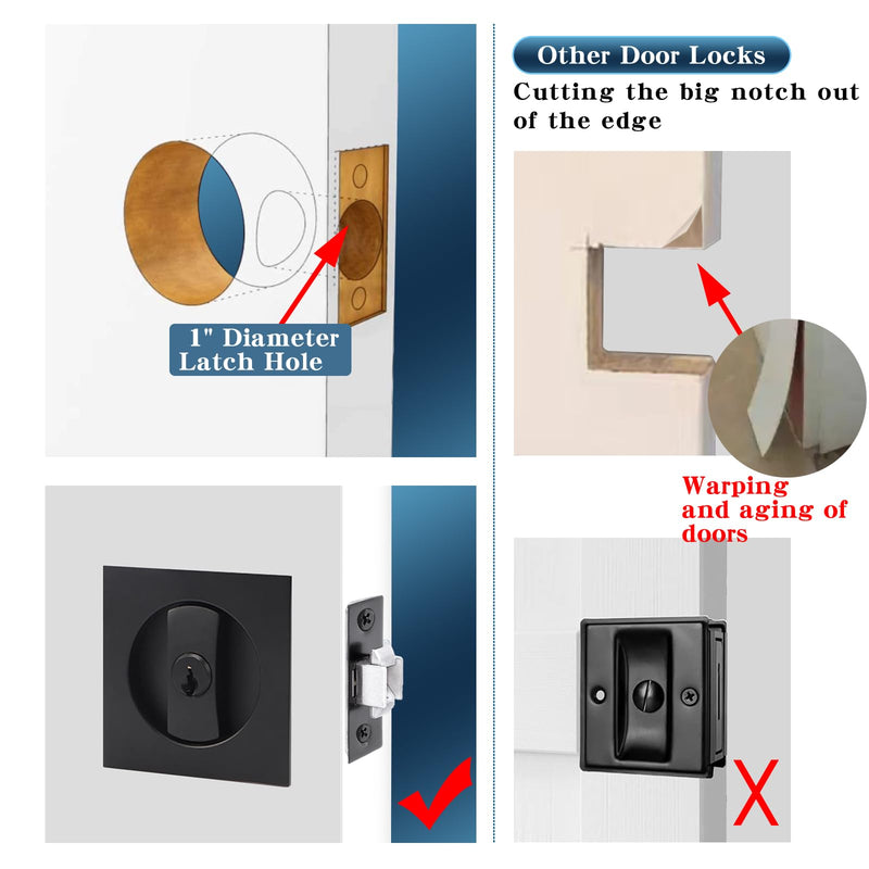 Dontay Keyed Pocket Door Lock with Pull Handle,Flush Mount Recessed Knob,2-3/8 inch Backset,Square Bed Bath Hardware Fit Sliding Barn Interior Door Thickness 1-3/8 to 2-3/16 inch(Matte Black,1) Matte Black
