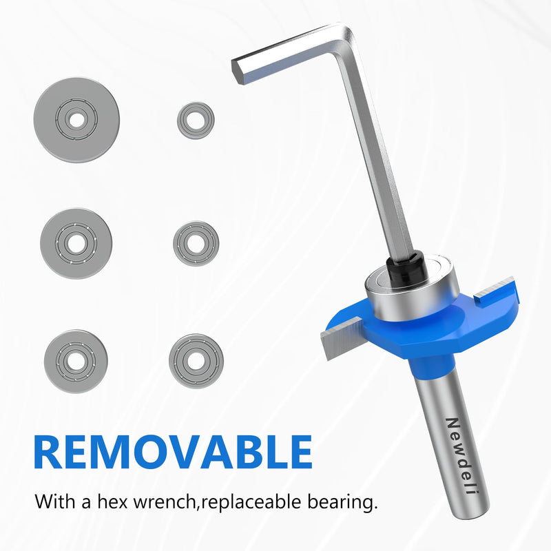 Newdeli Rabbet Router Bit Set 1/4 Inch Shank - 4Pcs Rabbeting Router Bits（1/8",1/4",3/8", 1/2" Height） with 6 Bearings Set (3/8", 1/2", 5/8", 3/4", 7/8", 1-1/8" Bearings) - Wood Biscuit Slot Cutters 4Pcs Rabbet Router Bits-6 Bearings-1/4" Shank