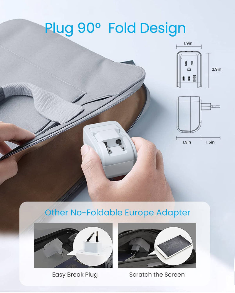 1 Pack European Travel Plug Adapter, VINTAR Foldable International Power Plug with 2 AC Outlets 3 USB Ports(2 USB C), Type C Travel Essentials Charger for US to Most of Europe EU Italy Spain France Type C - Most of Europe - 17W