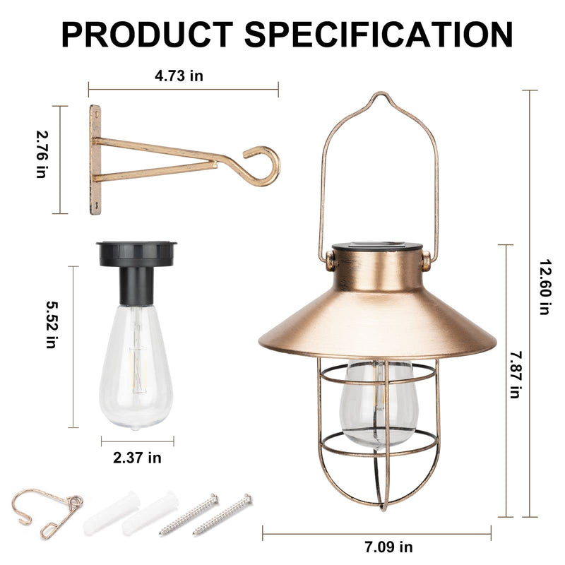 pearlstar Solar Lanterns Outdoor Metal Solar Powered Hanging Lights Waterproof for Barn Wall Yard Garden Patio Garage Balcony Porch Fence Decor, Warm White Edison Bulb (Copper-2pack) 2pack-Copper