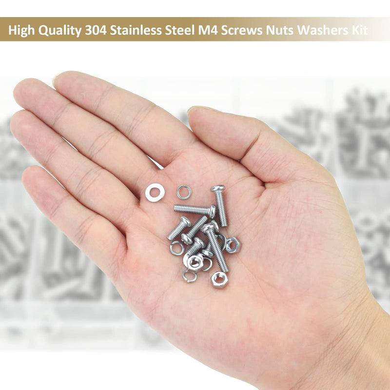 372 Pieces M4 x 6/8 /12/16 /20/25 /30mm Phillips Pan Head Machine Screws Nuts Washers Assortment Kit, 304 Stainless Steel, Fully Machine Thread