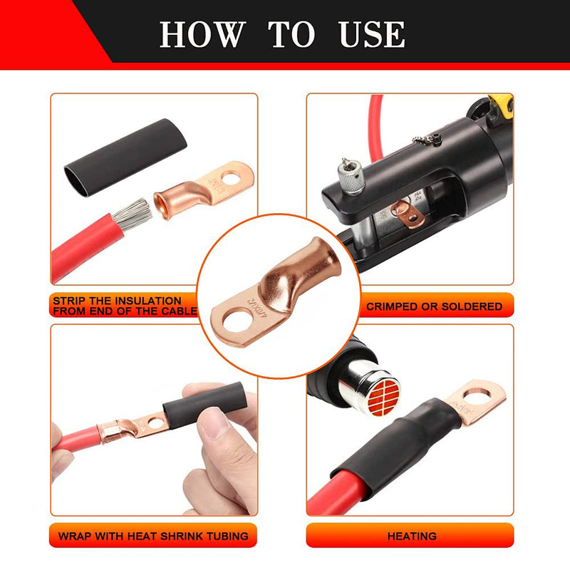 Heavy Duty 4/0x1/2 Copper Wire Lugs,12Pcs 4/0 AWG 1/2'' Stud Tubular Ring Terminals with 12Pcs Heat Shrink Tubing for Vehicle Boat Marine Audio 4/0 AWG 1/2'' Ring