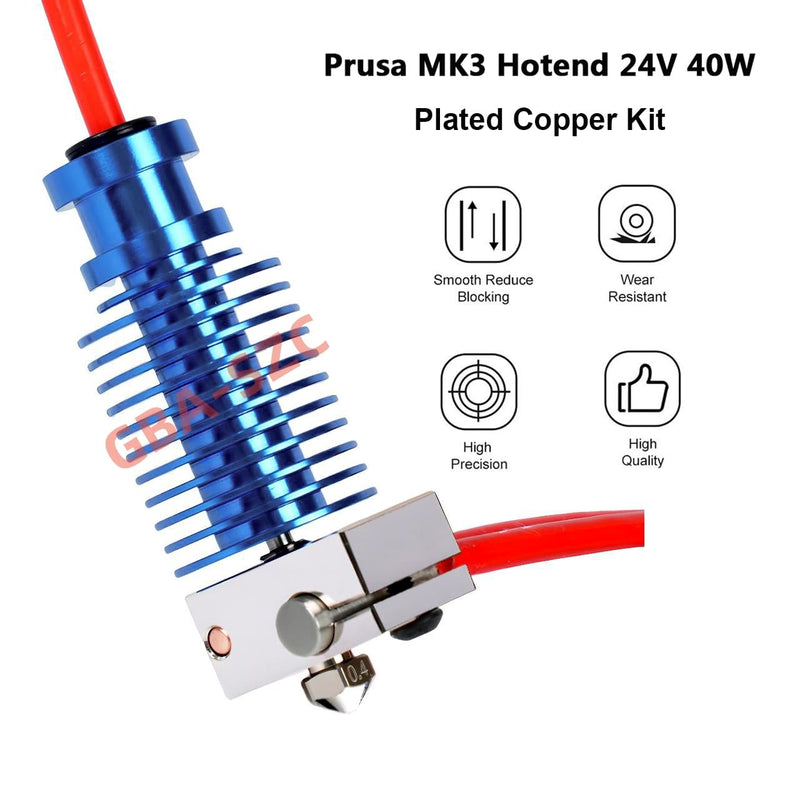 Upgrade Prusa i3 MK3s+ Hotend Plated Copper 24V 40W Kit,V6 Bi-Metal Heatbreak,Plated Copper Heater Block,Plated Copper Nozzle 0.4mm for Prusa i3MK3,MK3S,MK3S+3D Printer for V6 Hotend Kit. Prusa MK3 Hotend Plated Copper Nozzle Kit