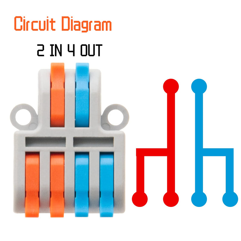 10Pcs Lever Wire Connectors, 2 in 4 Out Quick Wiring Cable Compact Electrical Connector for 24-12 AWG