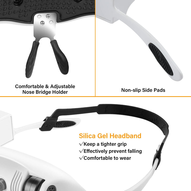 Hands Free Head Magnifying Glasses, Magnifier with Light, 1X, 2X, 3X, 5X, 6X, 8X, Ideal for Jewelry, Eyelash Extensions, Soldering, Craft, Cross Stitch Black Head Magnifying Glass